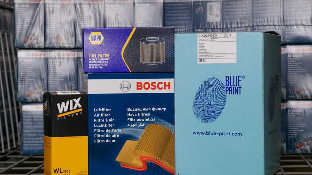 A number of part boxes with the brands, Wix, NAPA, Bosch & Blueprint on it.