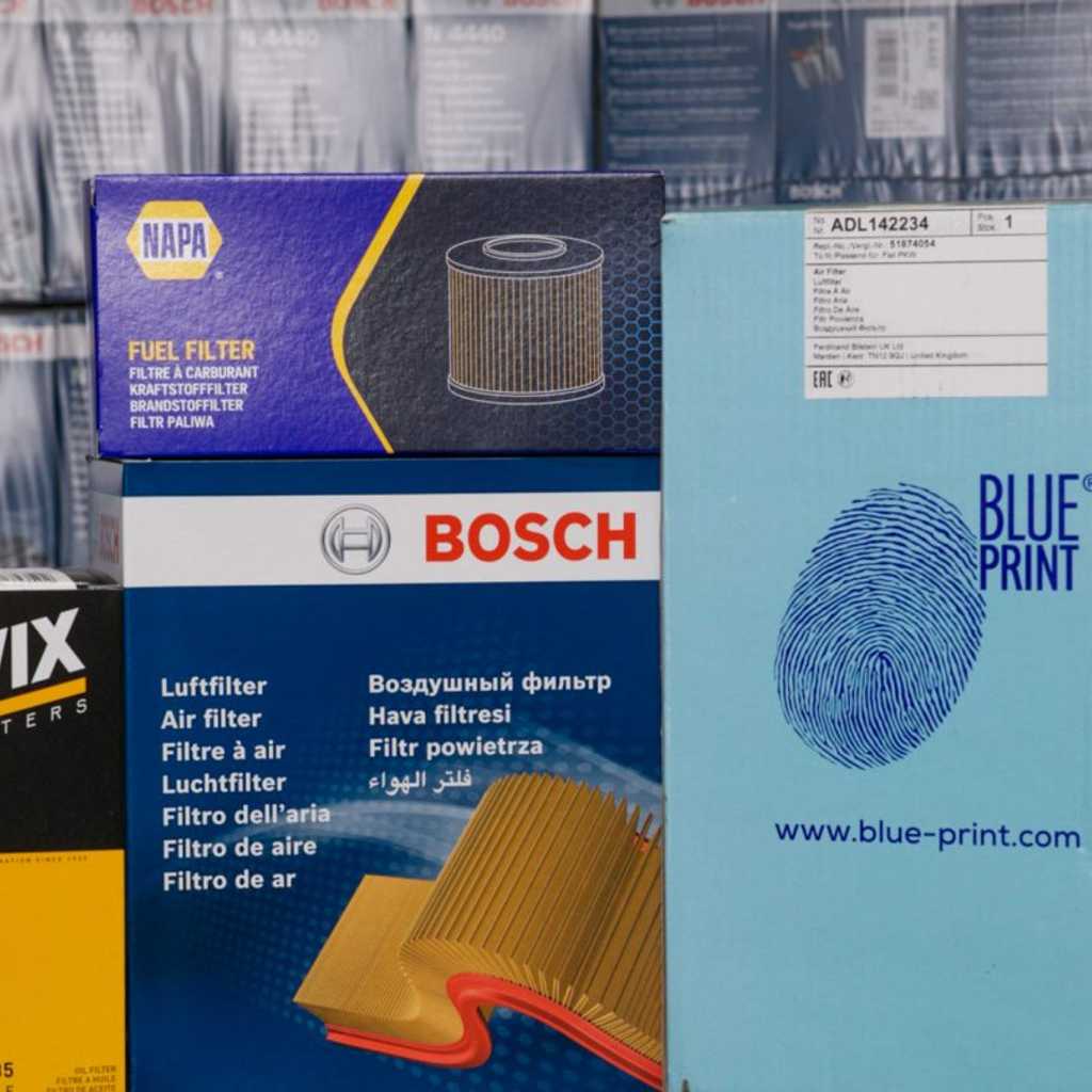 A number of part boxes with the brands, Wix, NAPA, Bosch & Blueprint on it.